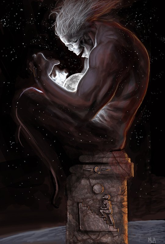 A dark, muscular figure with a glowing skull head cradles a luminous orb while seated on a weathered stone pedestal against a starry night background.