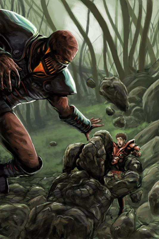 A sci-fi warrior in an armored helmet lunges through a misty forest toward a crouching armored fighter sheltering behind piled rocks as stones float around them.