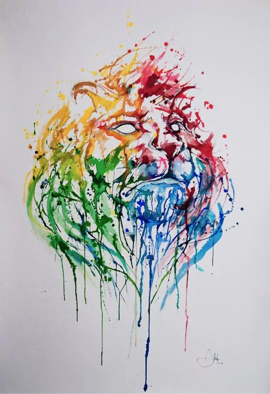 A vibrant watercolor painting of a lion's face, featuring an abstract art style with colorful drips and splashes, showcasing bold hues and expressive lines.