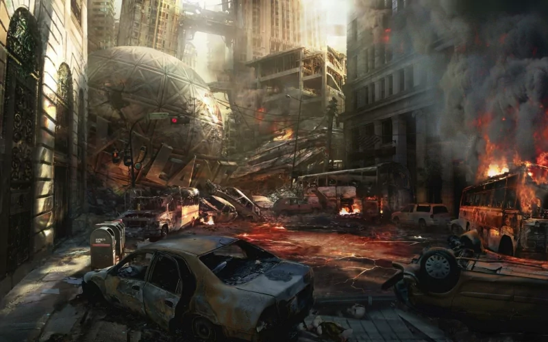Destroyed Metropolis from Mortal Kombat vs. DC Universe: overturned cars, burning wreckage, thick smoke and collapsed buildings in a DC Comics–style urban battlefield.