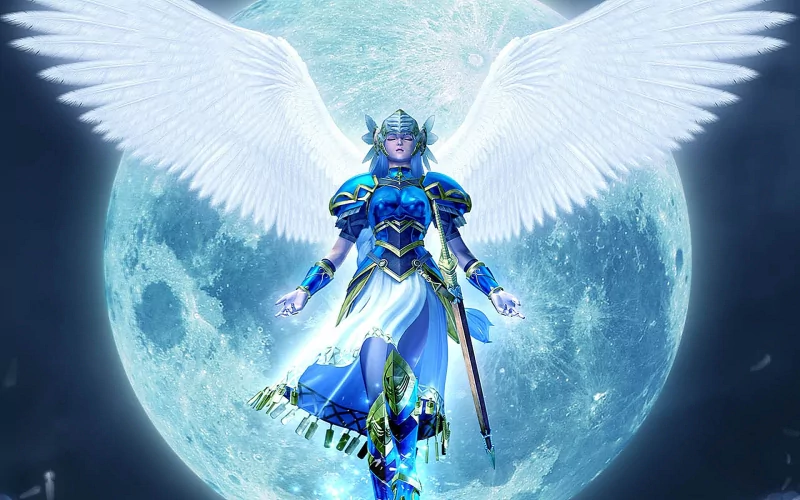 A winged warrior in blue armor floats before a full moon, evoking the fantasy aesthetic of the video game Valkyrie Profile.