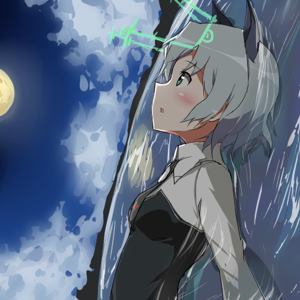 Anime-style Strike Witches character with silver hair and animal ears in a black-and-white outfit, gazing at the moon as rain and glowing green musical notes swirl around her.