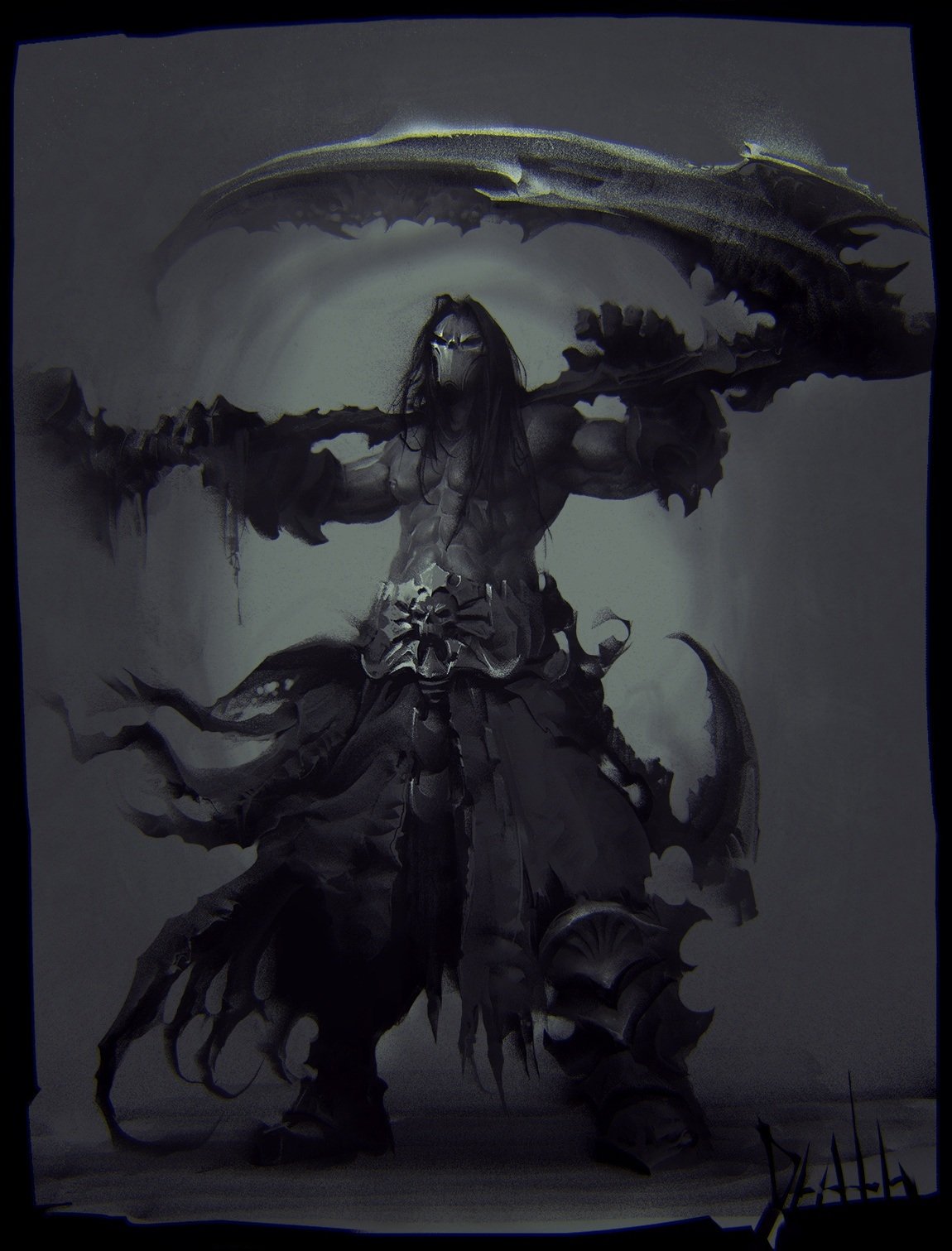Dark, intense character from the video game Darksiders wielding a massive, jagged sword with tattered, flowing armor and a menacing stance.