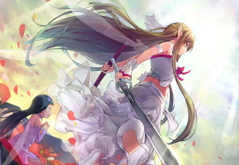 An expressive anime scene from Sword Art Online features a bold character wielding a sword, adorned in flowing white attire, surrounded by vibrant petals, while another character watches in awe.
