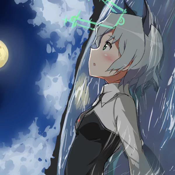 Anime-style Strike Witches character with silver hair and animal ears in a black-and-white outfit, gazing at the moon as rain and glowing green musical notes swirl around her.