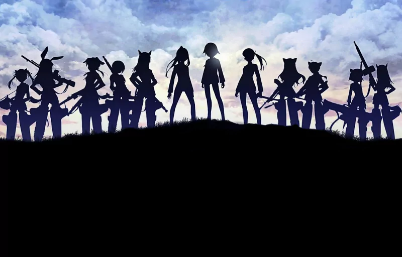 Silhouetted anime ensemble from Strike Witches standing on a ridge against a dramatic cloudy sky, each figure armed and sporting animal-ear or tail accessories.