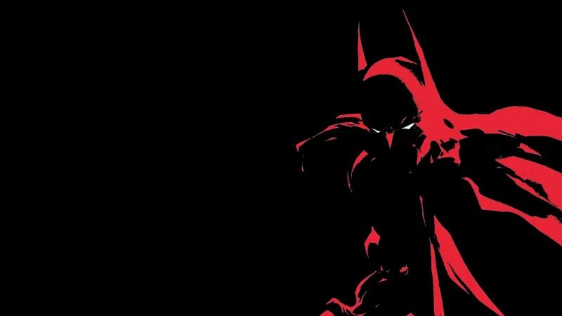 A striking comic-style image of Batman, depicted in bold red against a black background, emphasizes his iconic silhouette and powerful presence.