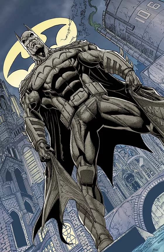Comic illustration of Batman: The Dark Knight standing on a gargoyle ledge, cape spread, bat-signal glowing behind him over a moody gothic cityscape.