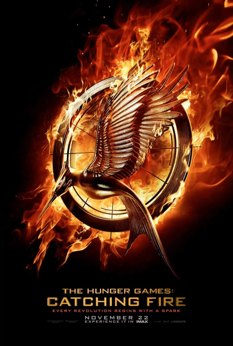 Burning Mockingjay emblem over a target, movie poster for The Hunger Games: Catching Fire.