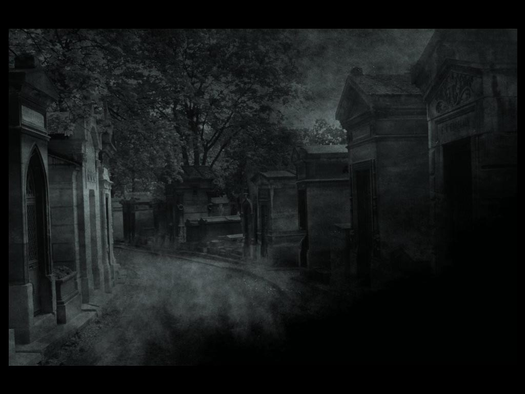 A dark, atmospheric graveyard scene featuring winding paths, ancient tombs, and a misty backdrop, evoking a sense of mystery and solitude.