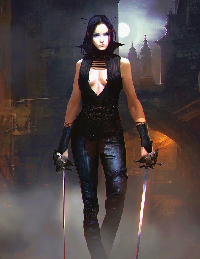 A dark, undead figure stands confidently in a misty setting, wielding dual swords. The eerie atmosphere is enhanced by a moonlit backdrop and shadowy architecture.