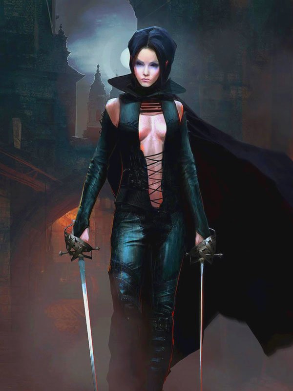 A dark, undead figure stands confidently, wielding twin swords. Clad in a sleek, black outfit, she embodies a mysterious, gothic presence against a shadowy backdrop.