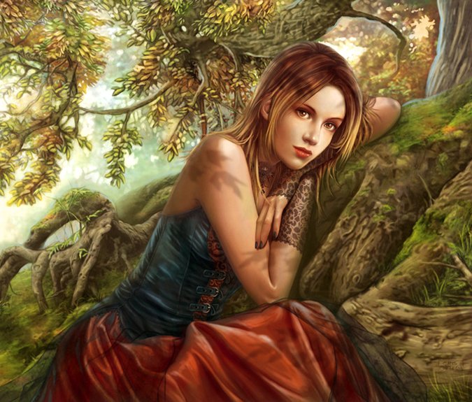 A serene fantasy scene featuring a woman with long hair, resting against a tree, dressed in a colorful gown, surrounded by vibrant foliage and gentle sunlight.
