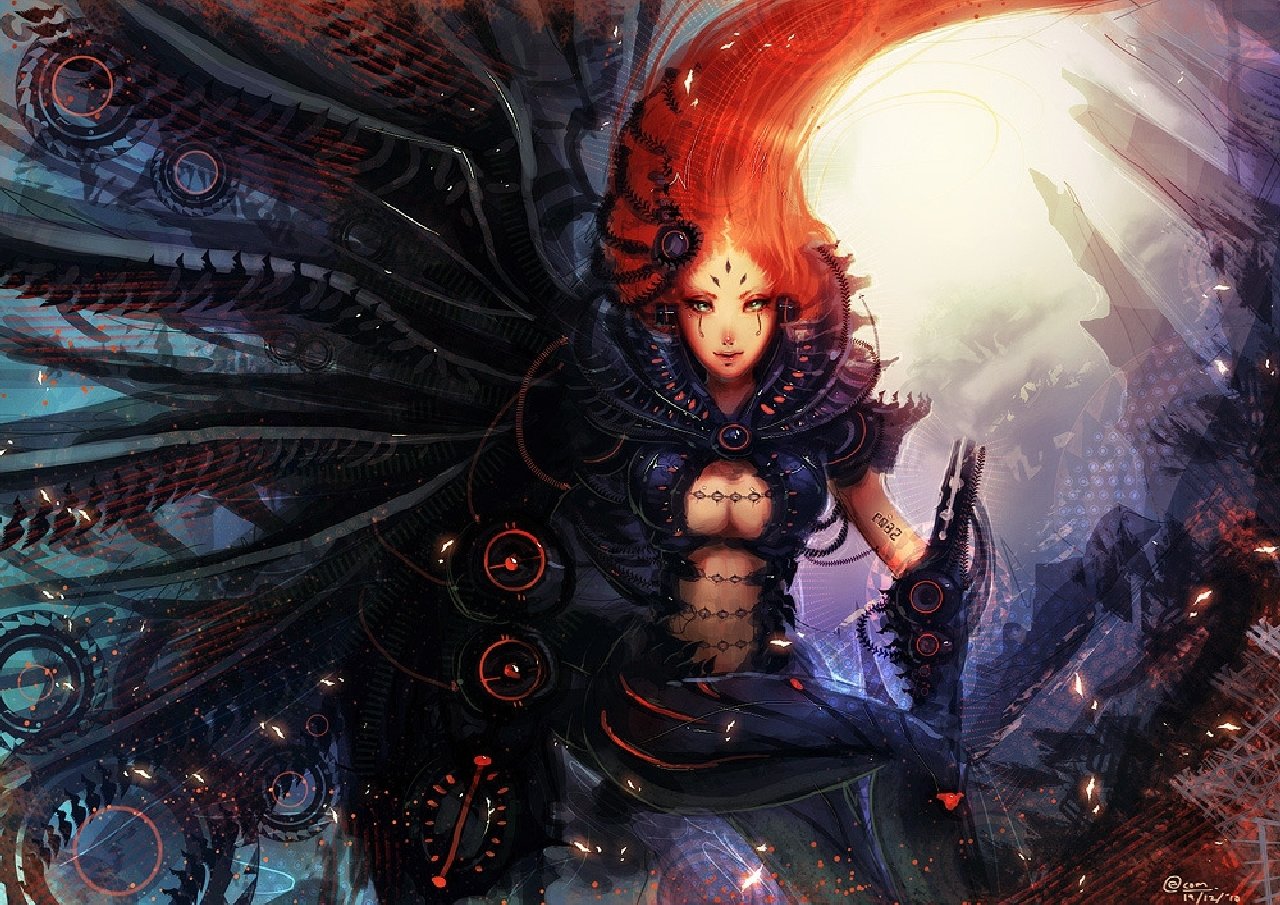 Fantasy woman with fiery red hair in ornate dark armor, wielding mechanical wing-like appendages amid glowing magical light and a ruined city backdrop.