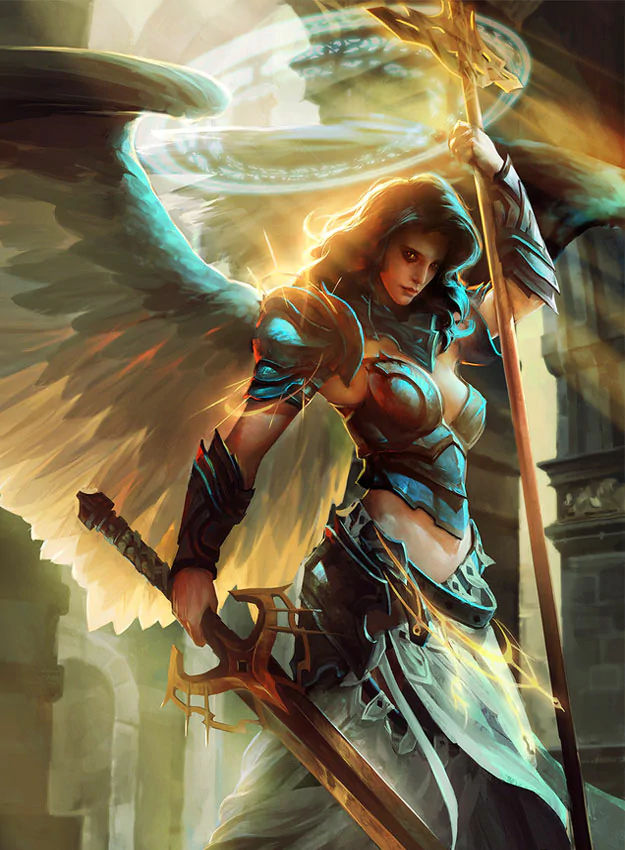 A powerful fantasy angel stands poised with a sword and staff, adorned in shining armor. Her wings radiate a celestial glow amidst a mystical setting.