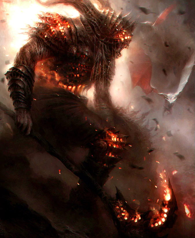 A towering demon wreathed in flames stands amidst a chaos of swirling ash and smoke, embodying a fierce presence in a dark fantasy realm.