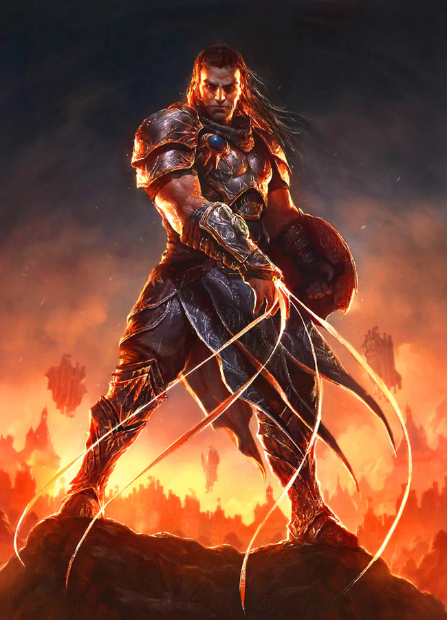 A fierce fantasy warrior stands boldly on a rocky outcrop, wielding glowing weapons, amidst a fiery backdrop that emphasizes his battle-ready stance and armor.