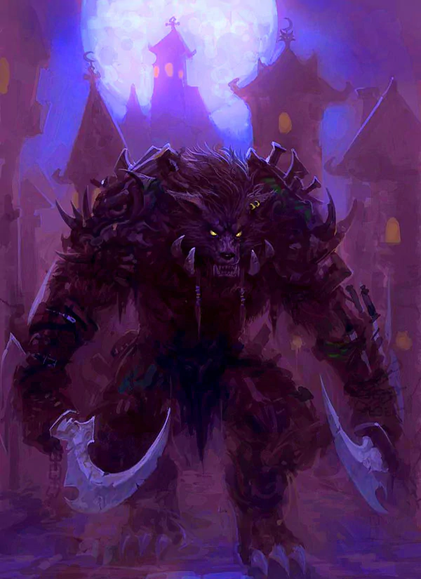 A formidable beast stands in a shadowy village, wielding curved blades against a backdrop of darkened buildings and a glowing moon, embodying the epic style of the Warcraft video game.