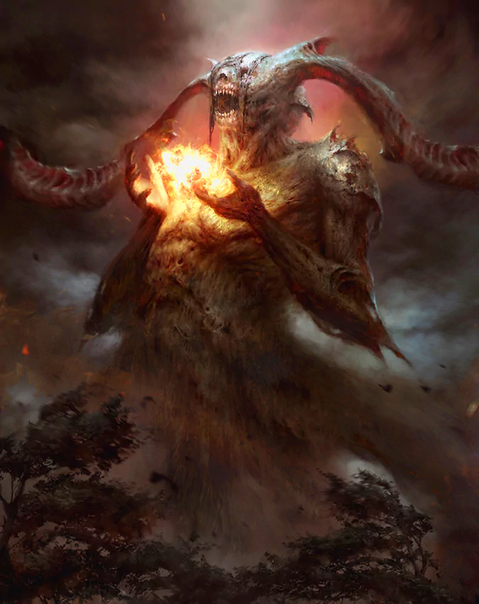 A towering demon, shrouded in dark clouds, holds a glowing orb of fire, emanating a menacing energy amidst a shadowy landscape. This striking fantasy creature commands attention.