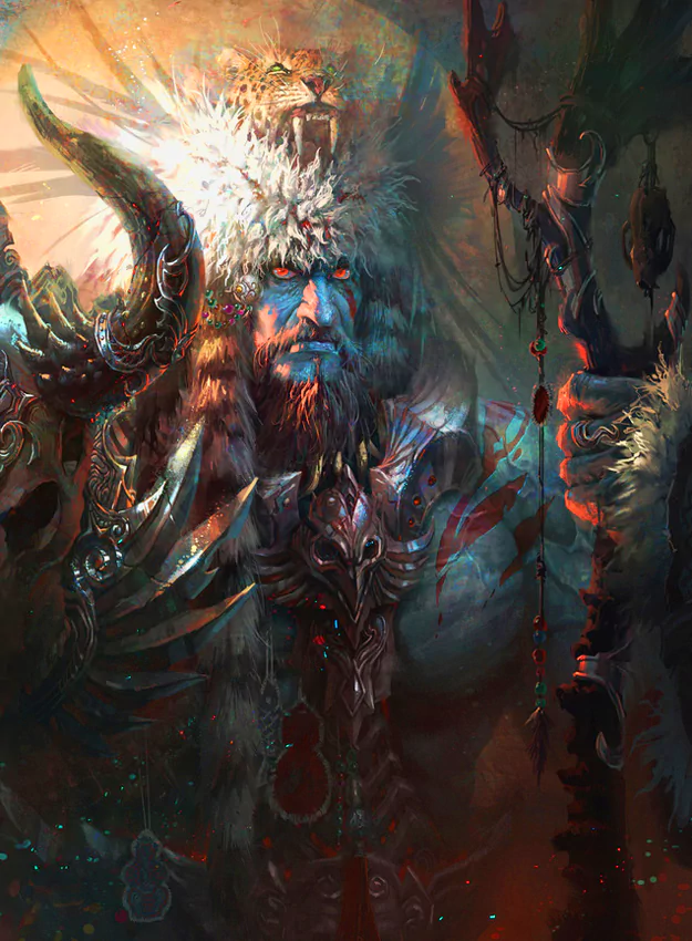 A powerful fantasy shaman stands boldly, adorned in ornate armor and a fur cloak, with a fierce expression and a staff, embodying ancient mystical forces.