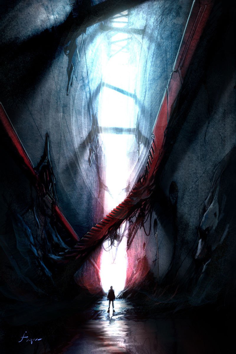 Fantasy landscape: a lone silhouette walks toward a blinding vertical light in a towering cavern, dark rock walls draped with red, tattered banners and ropes.
