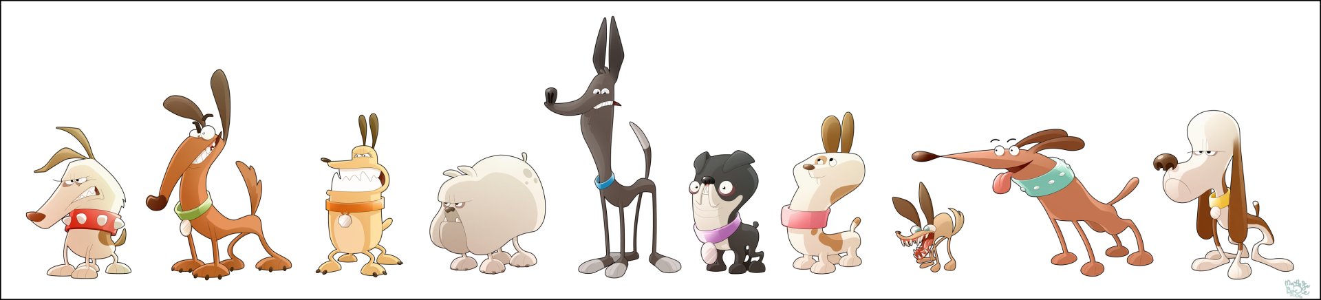 A colorful lineup of animated dogs, each with unique features and expressions, showcasing a variety of breeds and personalities.