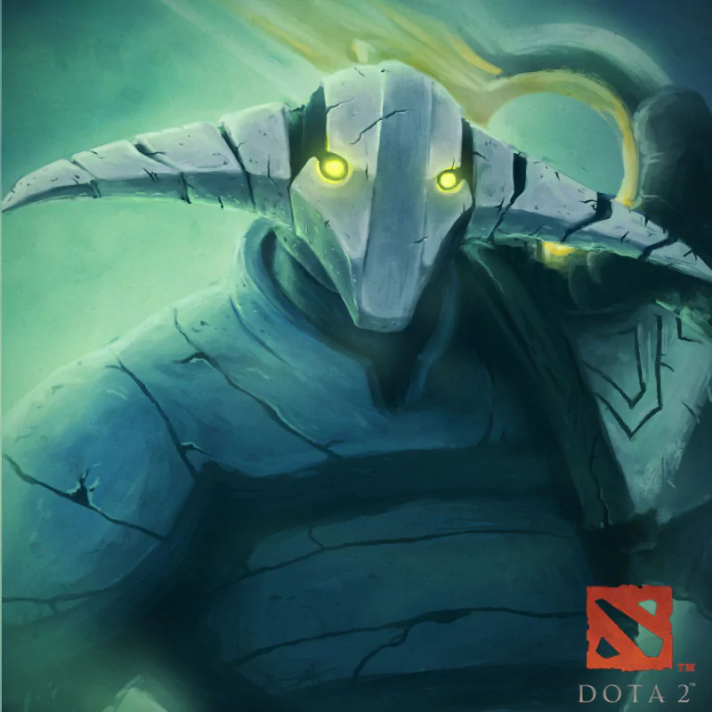 Artwork of a glowing-eyed stone golem character from the video game DotA 2, featuring a cracked, horned helmet and cracked armor.