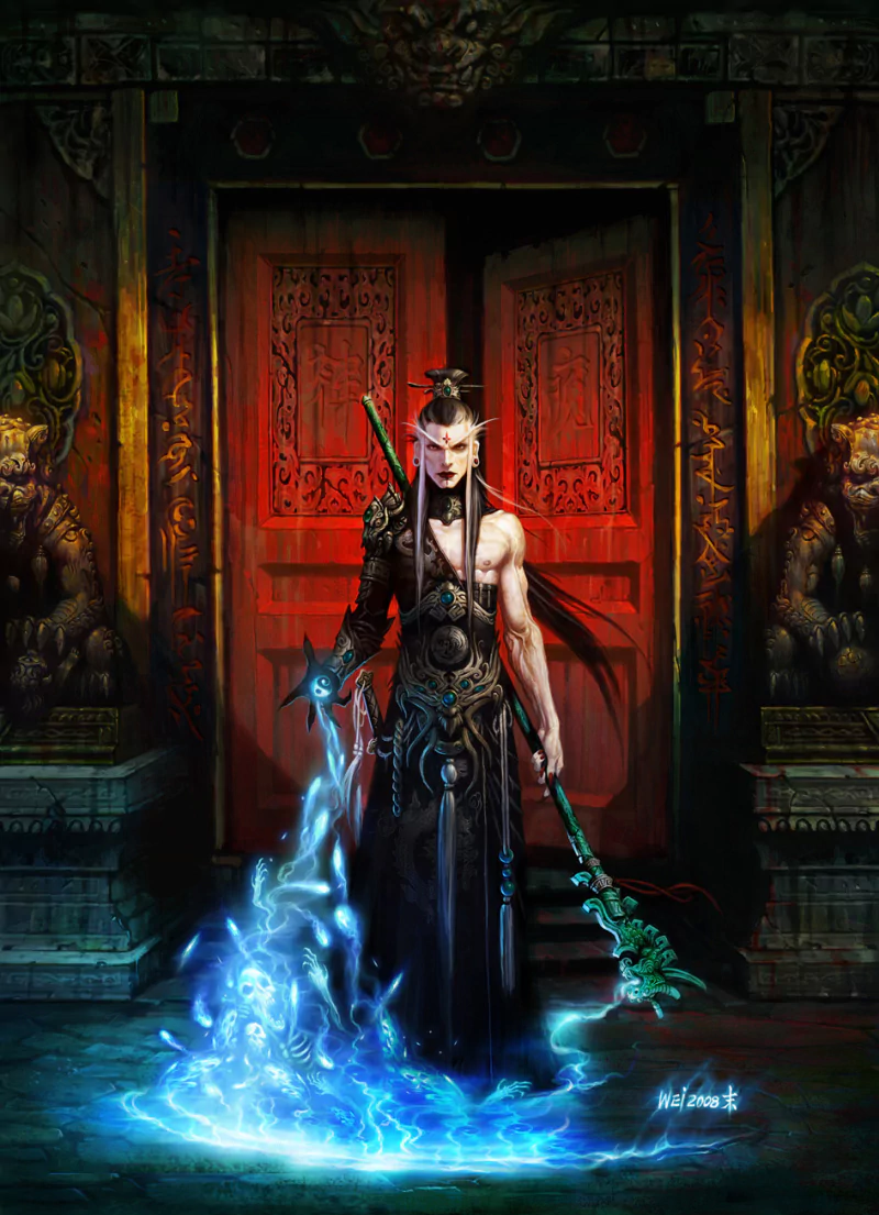 A fantasy warrior stands confidently before ornate red doors, wielding a staff that channels mystical energy, embodying strength and power in a vivid, magical setting.