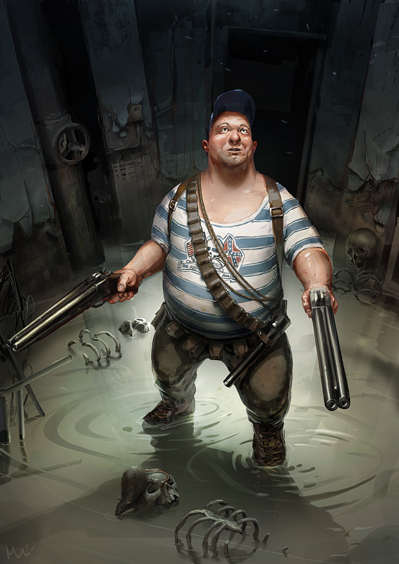 Sci-fi horror character design: a stocky, striped-shirt, cap-wearing unknown survivor grips twin shotguns in murky, skull‑strewn water — gritty video game concept art.