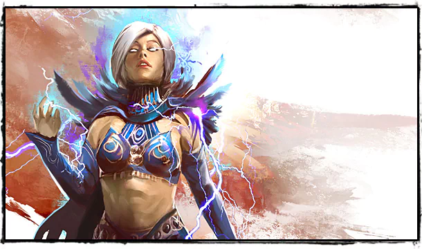 Artwork of a powerful female character from the Guild Wars 2 video game, showcasing magical energy and distinct fantasy armor elements.