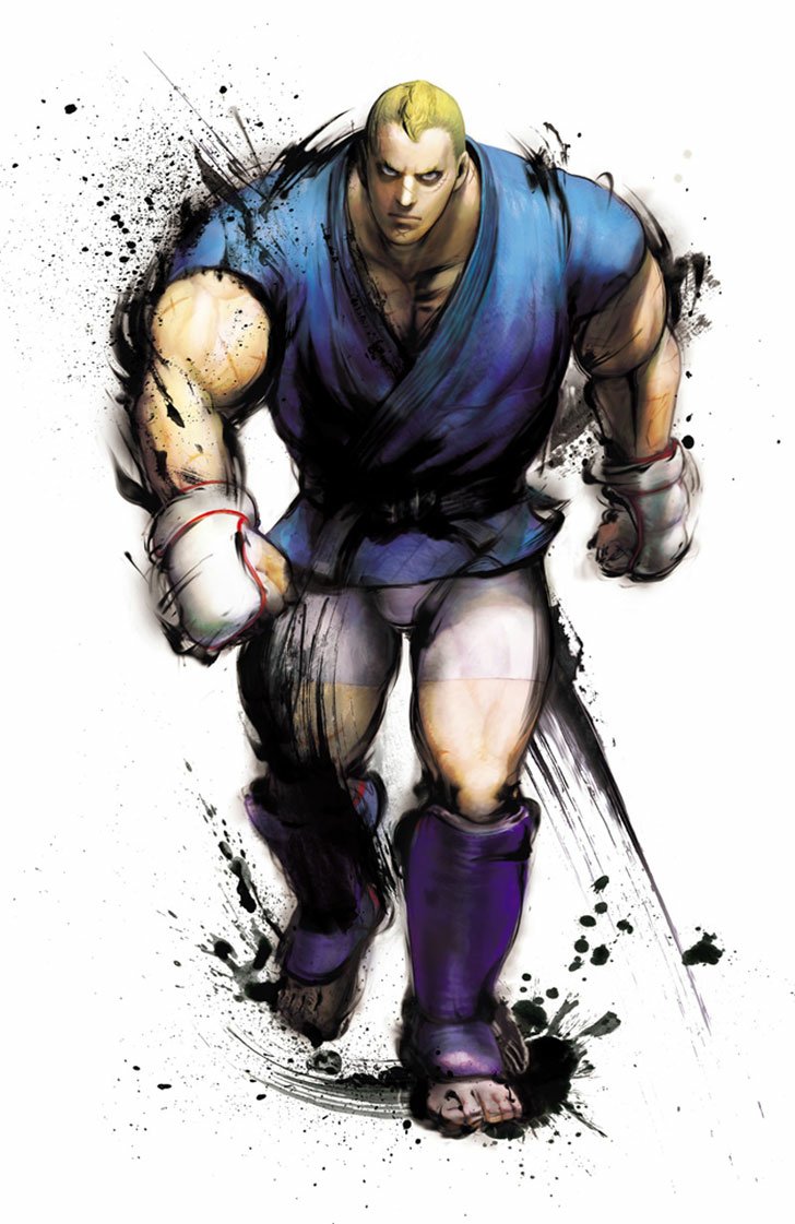 Artwork of Abel, a muscular fighter in a blue gi, advancing aggressively with clenched fists, representing the Street Fighter video game series and street fighting theme.