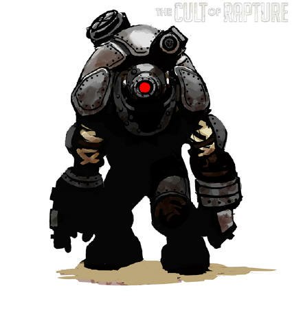 Illustration of a Big Daddy character from the video game Bioshock, featuring heavy armor and a glowing red central eye.