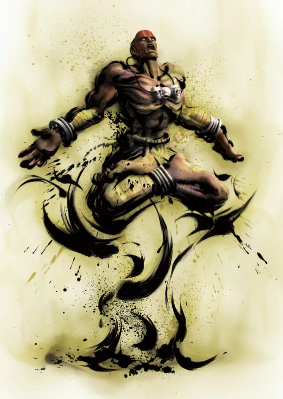 A dynamic illustration of Dhalsim from Street Fighter practicing yoga, surrounded by swirling ink-like designs, highlighting his unique spiritual and martial arts abilities in the video game universe.