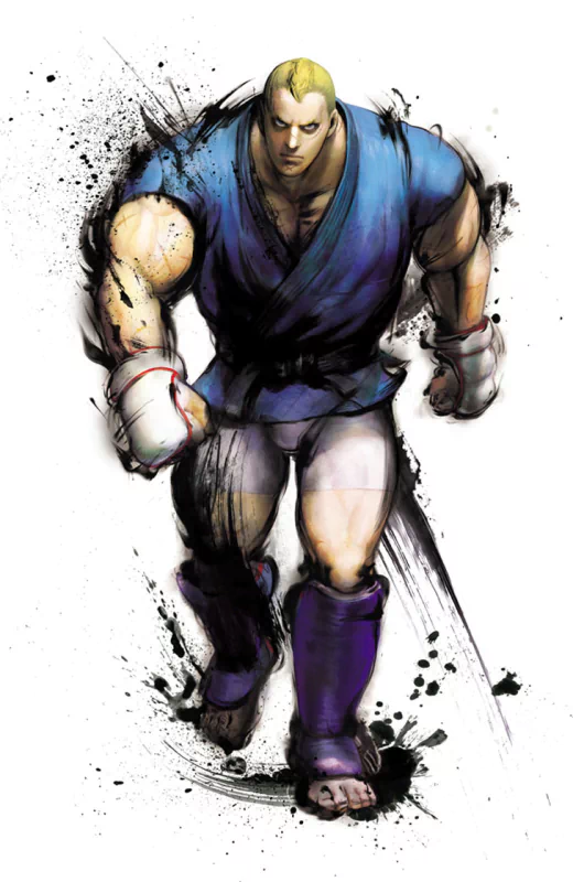 Artwork of Abel, a muscular fighter in a blue gi, advancing aggressively with clenched fists, representing the Street Fighter video game series and street fighting theme.