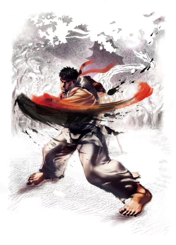 An artistic depiction of Ryu from the Street Fighter video game series, showcasing his iconic fighting pose with a dynamic swirling background.