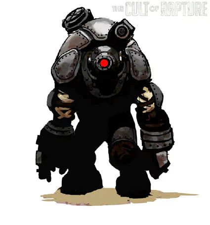 Illustration of a Big Daddy character from the video game Bioshock, featuring heavy armor and a glowing red central eye.