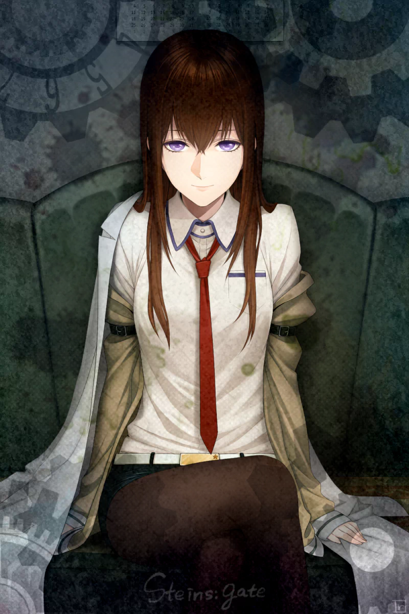 Anime — Steins;Gate character seated on a couch, long brown hair and purple eyes, white shirt with red tie and coat draped over her shoulders against a gears-patterned backdrop.