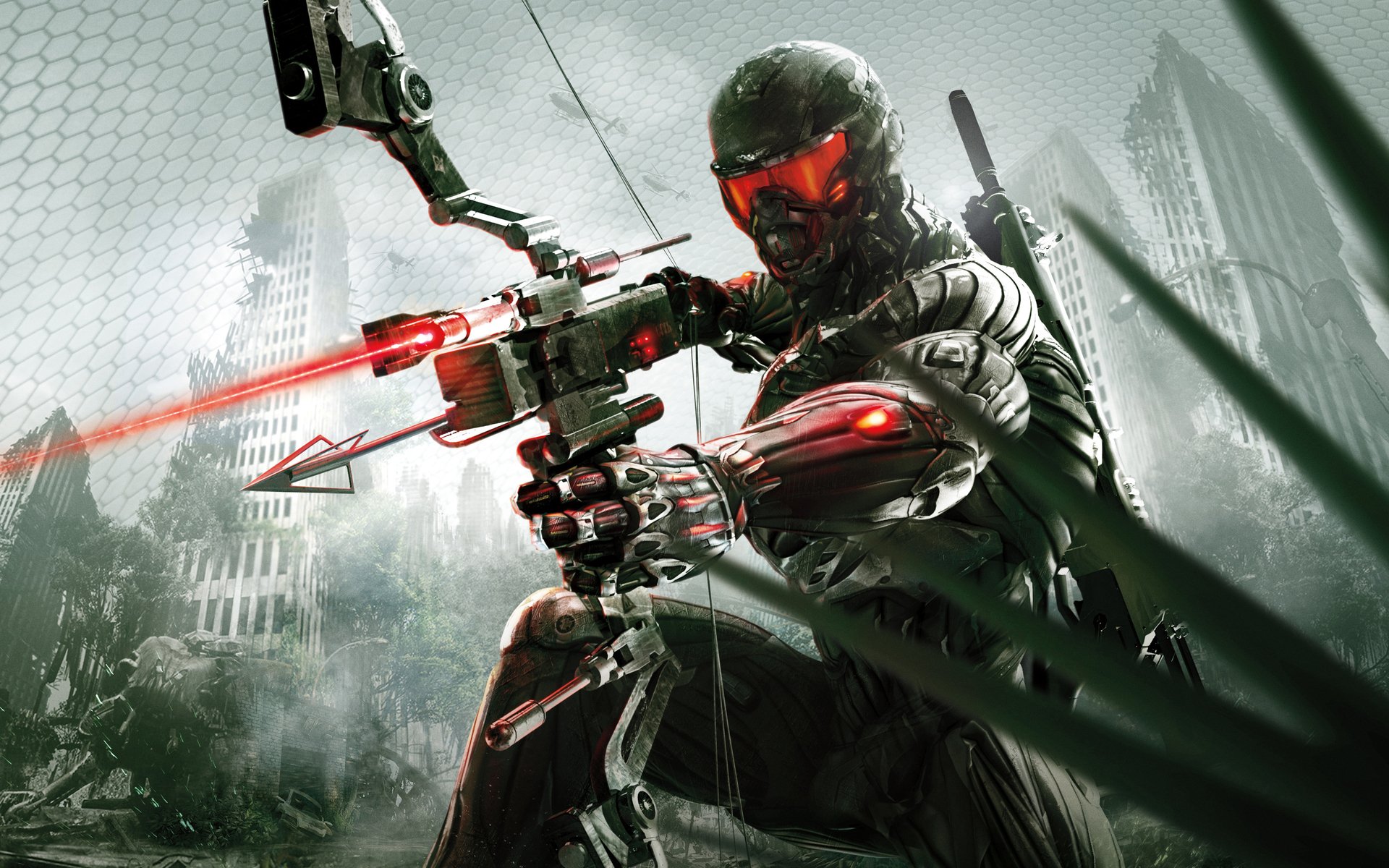 Crysis 3 video game: nanosuit-clad soldier with glowing red visor crouches in a ruined city, aiming a high-tech bow firing red lasers.
