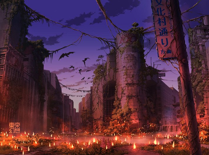 A sci-fi apocalyptic scene with overgrown ruins, crumbling buildings, and a dark purple sky filled with flying creatures amid glowing lights on the ground.