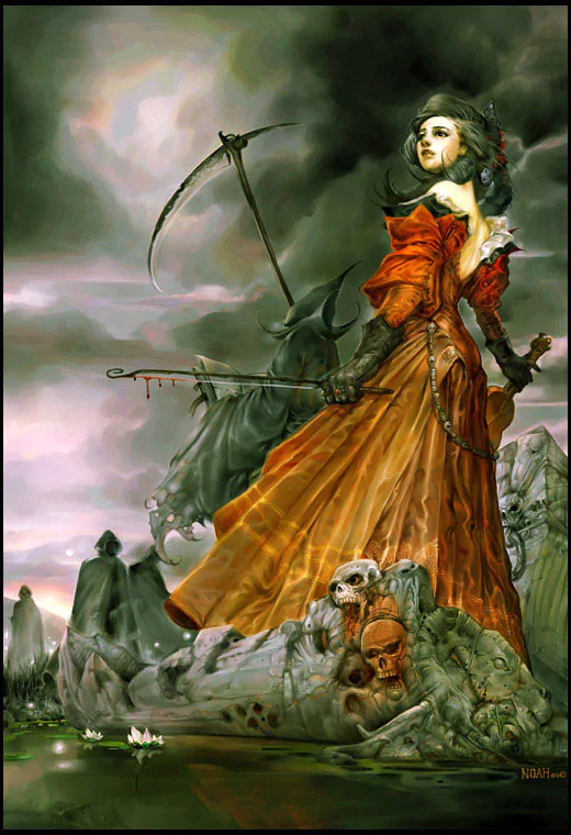Gothic fantasy depiction of Charon, a pale ferryman in tattered robes with a scythe, standing on a skull-strewn riverbank amid mist and cloaked souls of the dead.