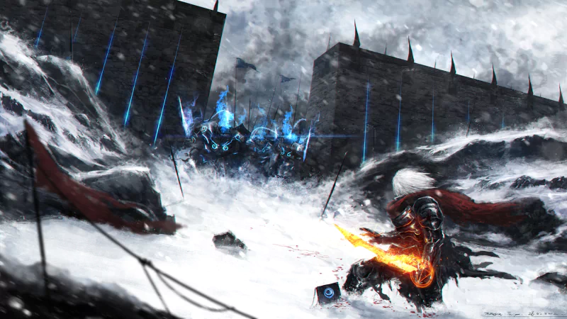 Fantasy battle: lone armored warrior wielding a flaming sword advances across a snowy battlefield toward a towering fortress as glowing blue siege constructs hover above.