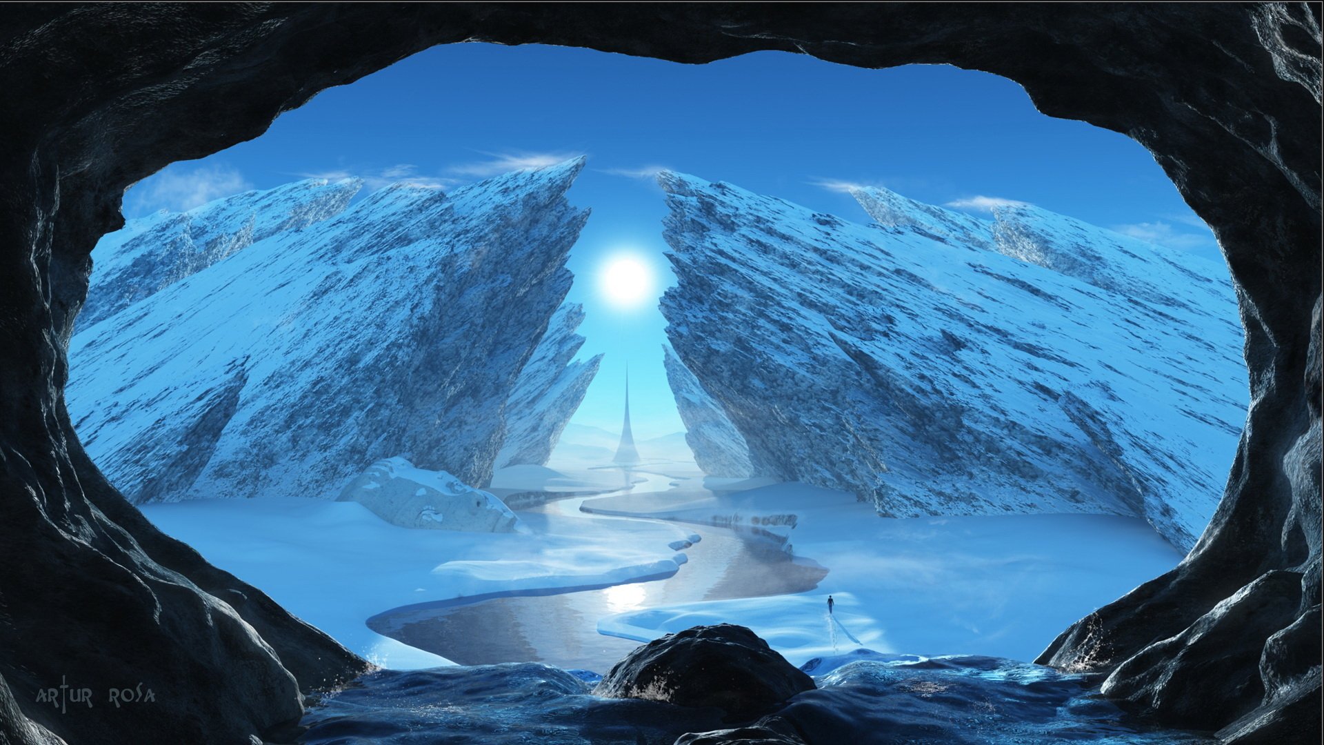 Cave-framed fantasy landscape: icy valley between towering cliffs, a glowing orb over a distant spire, and a winding frozen river beneath a clear blue sky.