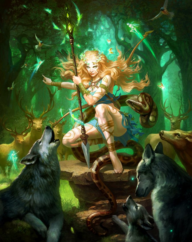 A fantasy warrior woman stands confidently in a vibrant forest, wielding a spear surrounded by wolves and mystical creatures, embodying strength and connection with nature.