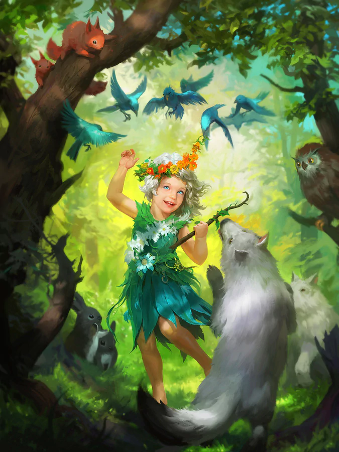 A joyful woman with floral adornments dances in a vibrant forest, surrounded by playful animals and colorful birds, capturing a whimsical fantasy scene.