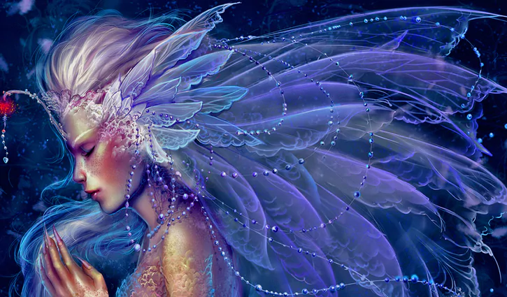 A serene woman with ethereal wings and intricate adornments, immersed in a fantasy world, radiates tranquility and magic amidst a vibrant, mystical backdrop.
