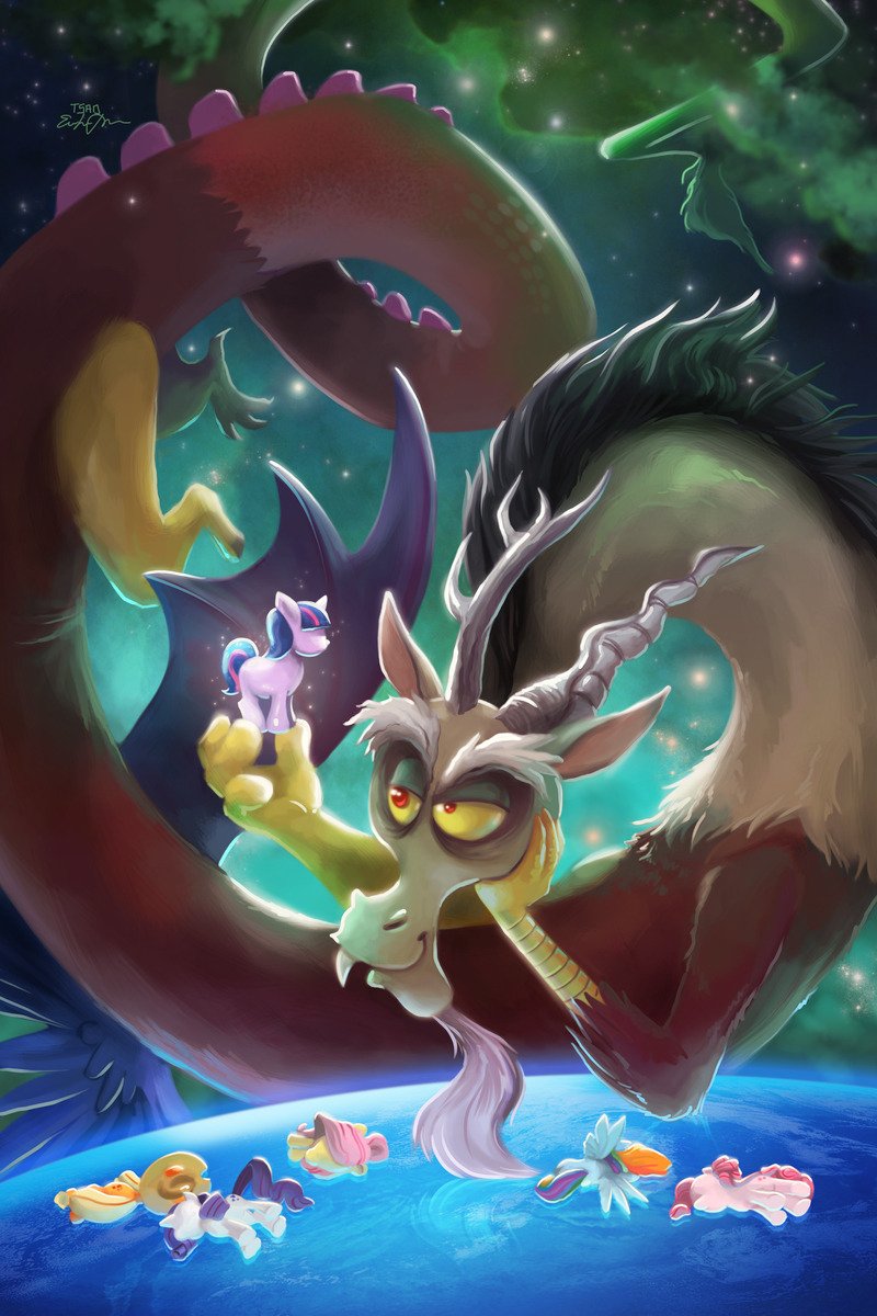 Discord coils through space above Earth, holding Twilight Sparkle while Fluttershy, Pinkie Pie, Applejack, Rainbow Dash and Rarity float below — My Little Pony: Friendship Is Magic.