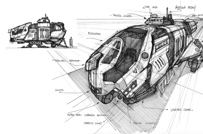 Detailed concept-art sketch of a military, tank-like Sci‑Fi spaceship: armored hull, cockpit and technical annotations, shown from two angled views.