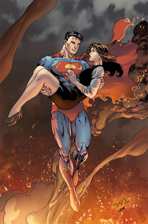 Superman carries Lois Lane in a dramatic comic scene, surrounded by flames, showcasing their iconic partnership in the DC Comics universe.