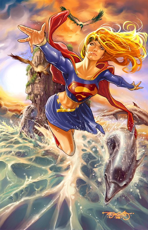 Comic art of Kara Zor‑El (Supergirl) soaring above crashing ocean waves as dolphins leap beside her, red cape and 'S' emblem gleaming against a dramatic golden sky.