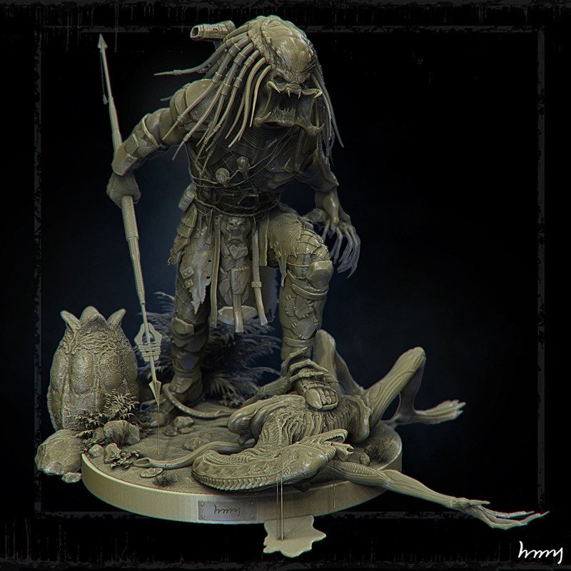 Sci-fi Predator warrior statue standing over slain alien prey, armored with dreadlock tendrils, holding a spear and wrist blade amid eggs.